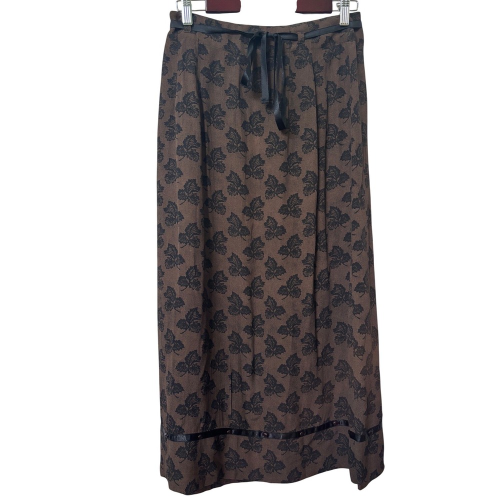 April Cornell Brown Black Leaf Print Rayon Maxi Skirt Satin Tie Waist Small